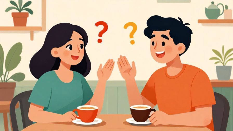 Illustration of a cheerful conversation between two people, one asking a question with raised eyebrows and a smile, colorful cafe background