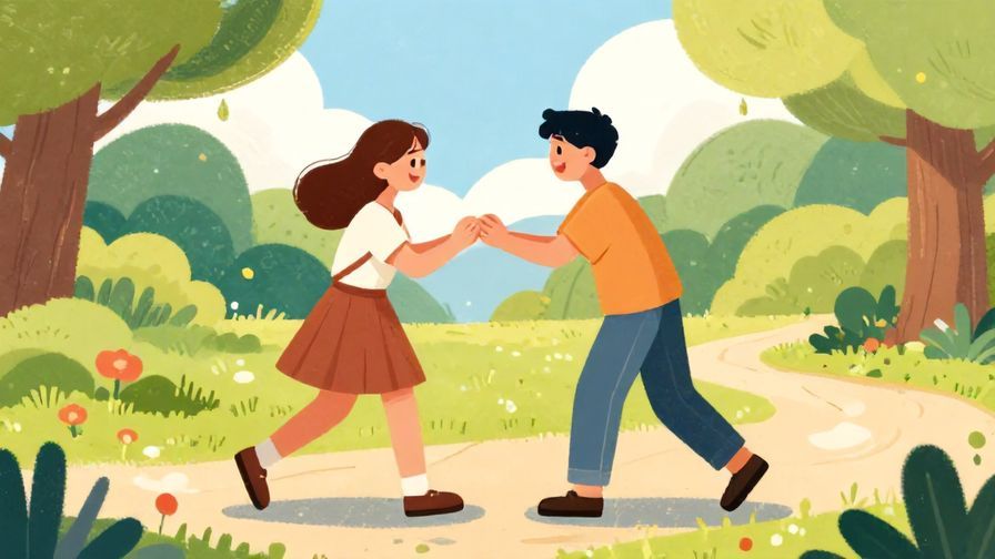 Illustration of a cheerful, encouraging friend nudging another, bright sunny day in a park, colorful and warm, illustrated style