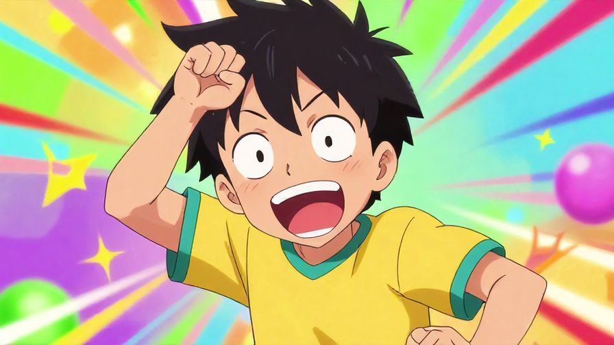 Illustration of a cheerful, exaggerated anime-style character making a dramatic expression, colorful dynamic background, playful vibe