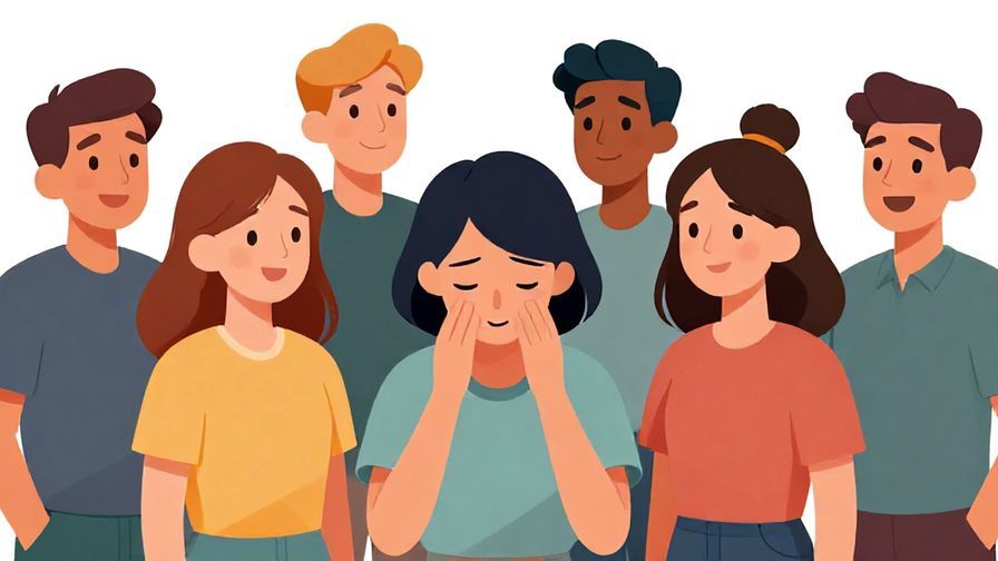 Illustration of a cheerful group with one individual looking down, mood contrasting with others