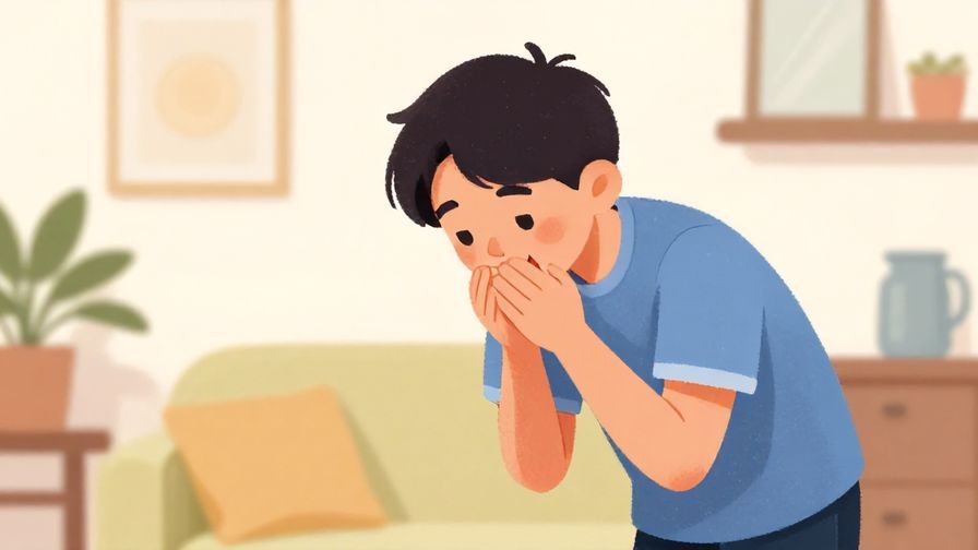 Illustration of a cheerful person bowing slightly while smiling warmly, set in a casual home environment with bright colors and soft textures