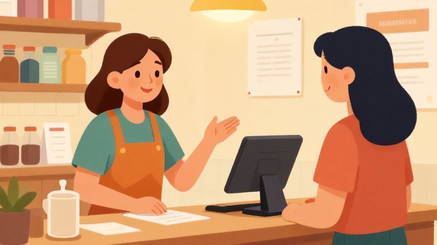 Illustration of a cheerful person confirming with a cashier, friendly shop environment with warm colors