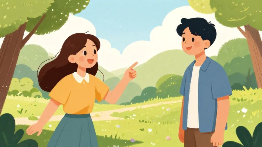 Illustration of a cheerful person excitedly pointing at a friend with admiration in a sunny park