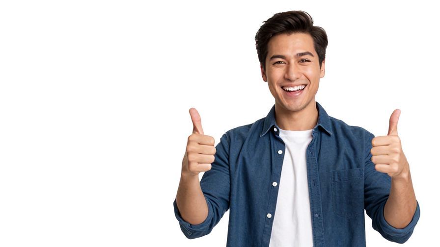 Illustration of a cheerful person giving a big thumbs-up with a bright background, informal casual clothing