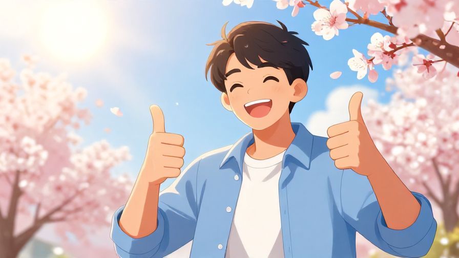 Illustration of a cheerful person giving a double thumbs-up with bright sunlight and cherry blossoms in the background