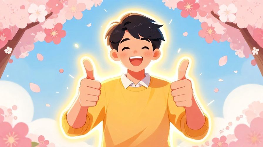 Illustration of a cheerful person giving a thumbs-up with a glowing aura of motivation around them, vibrant colors, stylized background with cherry blossoms