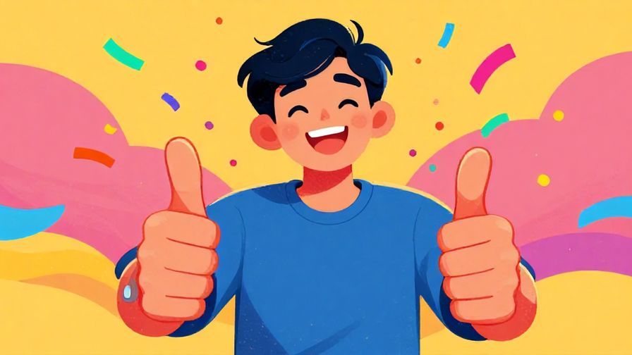 Illustration of a cheerful person giving a thumbs up with a big smile, colorful confetti around, vibrant background, illustrated style