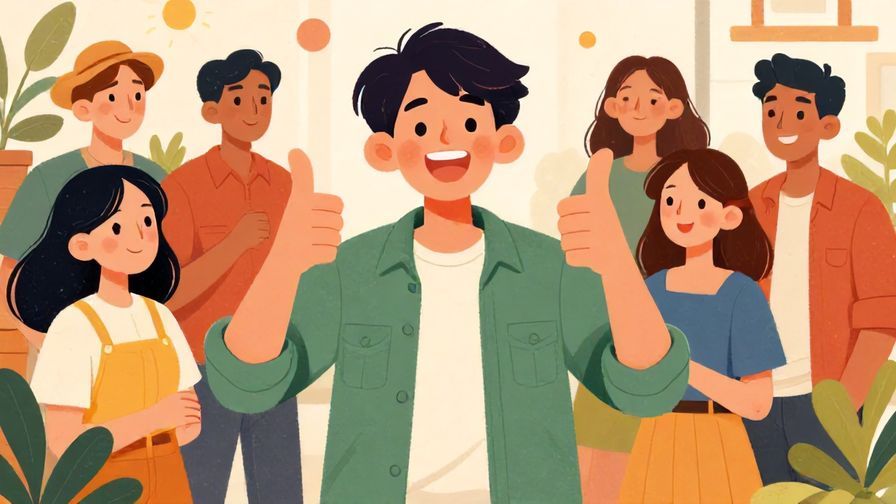 Illustration of a cheerful person giving a thumbs up with friends around, casual and fun atmosphere, detailed background, vibrant colors, illustrated style