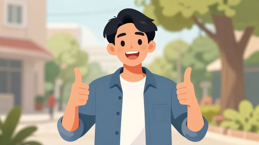 Illustration of a cheerful person giving a thumbs up with a bright smile, casual outdoor setting