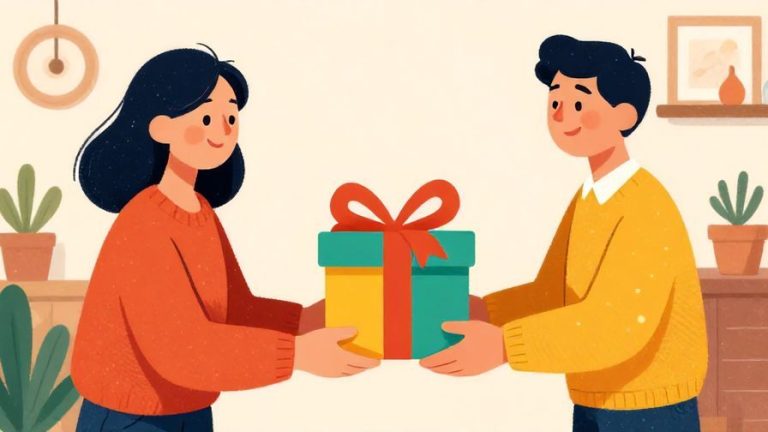 Illustration of a cheerful person handing over a gift wrapped uniquely, bright colors, detailed background of a cozy room, illustrated style