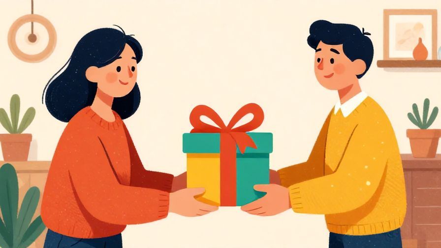 Illustration of a cheerful person handing over a gift wrapped uniquely, bright colors, detailed background of a cozy room, illustrated style