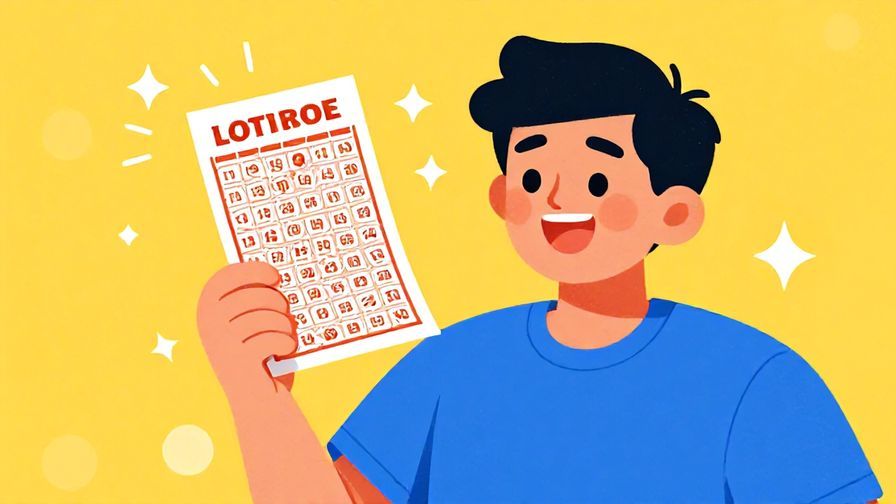 Illustration of a cheerful person holding a lottery ticket with sparkles around, hopeful expression, vibrant colors, illustrated style