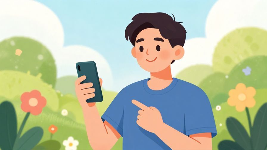 Illustration of a cheerful person holding a phone with a hopeful smile, nature background with flowers