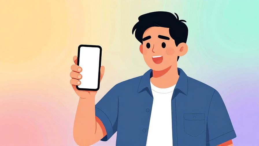 Illustration of a cheerful person holding a smartphone up with a hopeful expression, casual colorful background, illustrated style