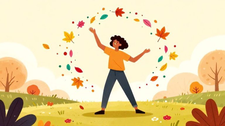 Illustration of a cheerful person joyfully spinning around with colorful autumn leaves swirling, vibrant and playful background