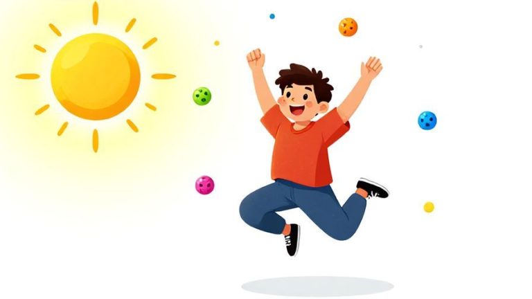 Illustration of a cheerful person jumping in the air with a bright sun shining and lucky charms floating around, vibrant colors, illustrated style
