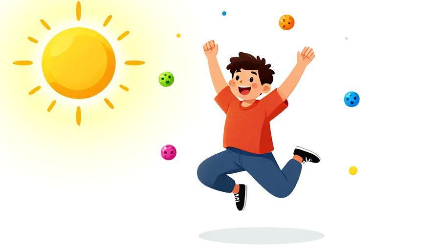 Illustration of a cheerful person jumping in the air with a bright sun shining and lucky charms floating around, vibrant colors, illustrated style