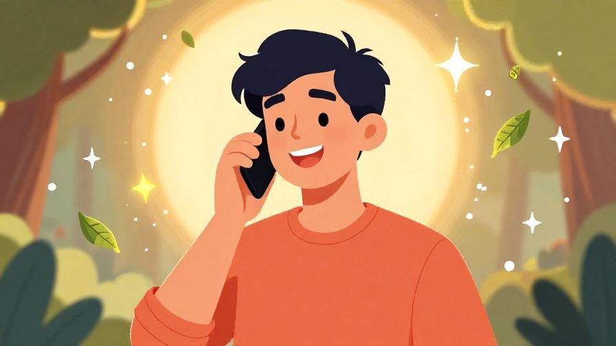 Illustration of a cheerful person on the phone smiling warmly, surrounded by floating leaves and stars, bright and inviting atmosphere