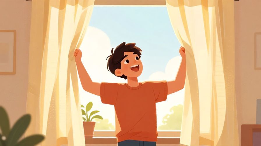 Illustration of a cheerful person opening curtains with sunlight flooding a room, bright colors, happy expression
