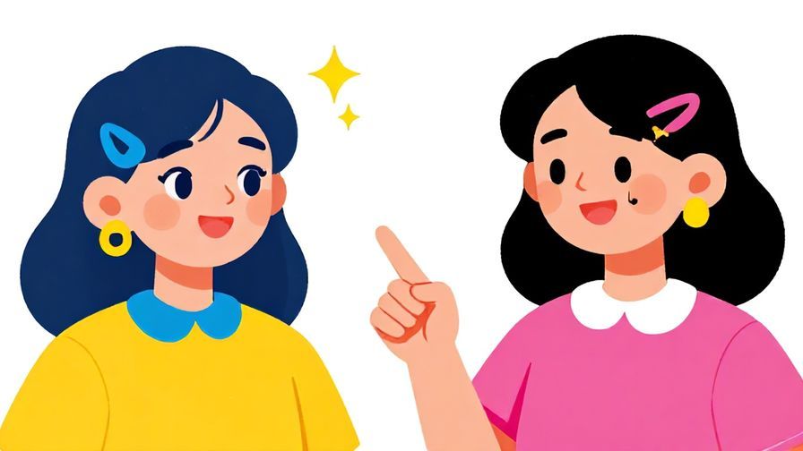 Illustration of a cheerful person pointing admiringly at a friend wearing cute accessories, bright and colorful scene