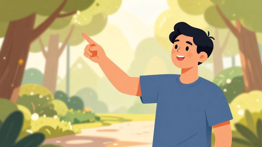 Illustration of a cheerful person pointing at a distant sight, confident expression, stylized background of a park with sunlight filtering through trees, warm colors