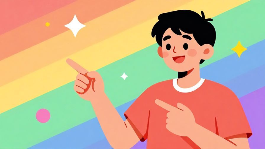 Illustration of a cheerful person pointing gently with a friendly smile, surrounded by lively and colorful background