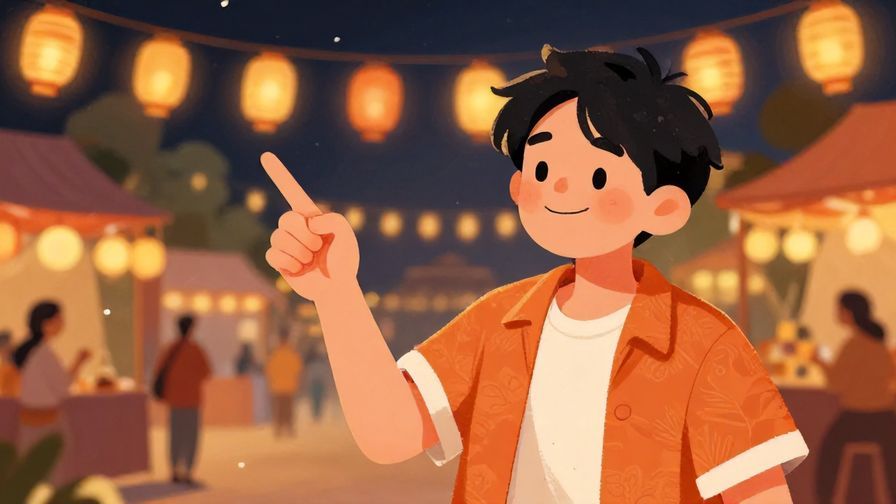 Illustration of a cheerful person pointing with a playful grin, outdoor festival background with lanterns, illustrated style