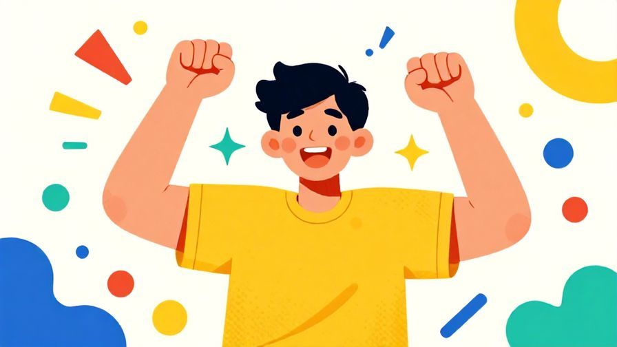 Illustration of a cheerful person pumping their fist with excitement, surrounded by bright colors and playful shapes, vibrant colors, illustrated style