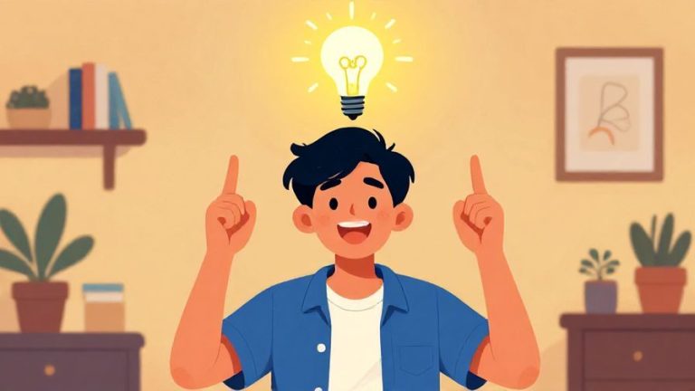 Illustration of a cheerful person snapping their fingers as a light bulb appears above their head, vibrant colors, detailed background of a cozy room