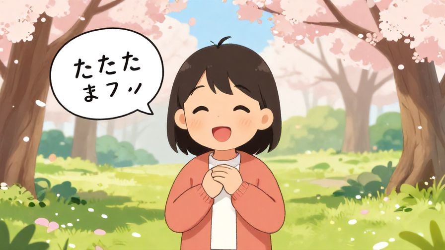 Illustration of a cheerful person speaking with a small speech bubble containing a few Japanese words, in a sunny park setting with blossoming trees