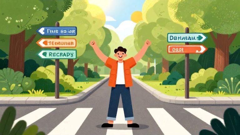 Illustration of a cheerful person standing at a crossroads with signs pointing to different paths, sunlight shining through trees, vibrant colors, illustrated style