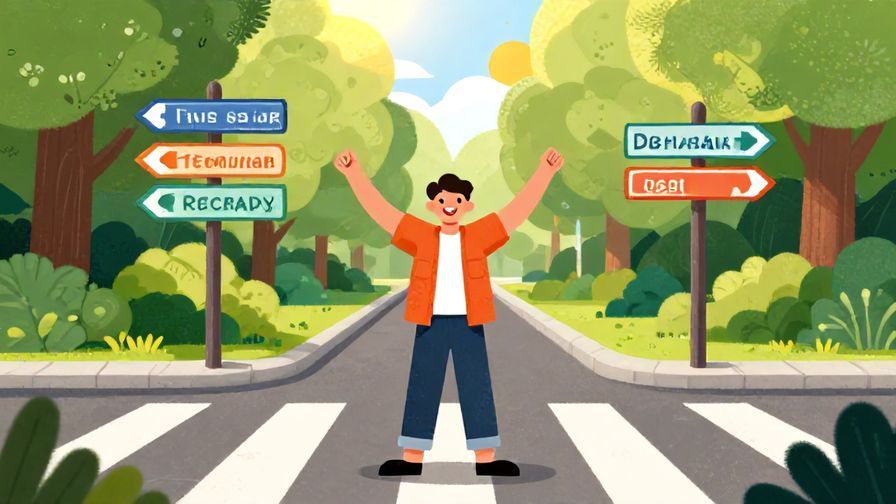 Illustration of a cheerful person standing at a crossroads with signs pointing to different paths, sunlight shining through trees, vibrant colors, illustrated style