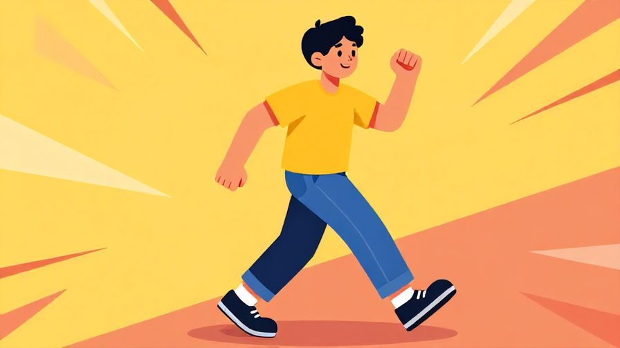 Illustration of a cheerful person taking a step forward with confident energy, lively background