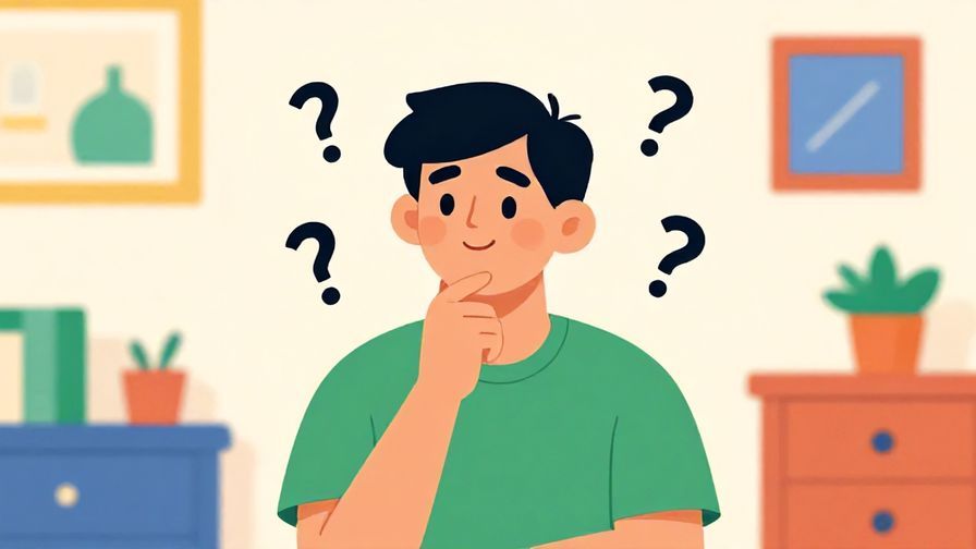 Illustration of a cheerful person tapping their chin thoughtfully, small question marks floating around, colorful everyday room background