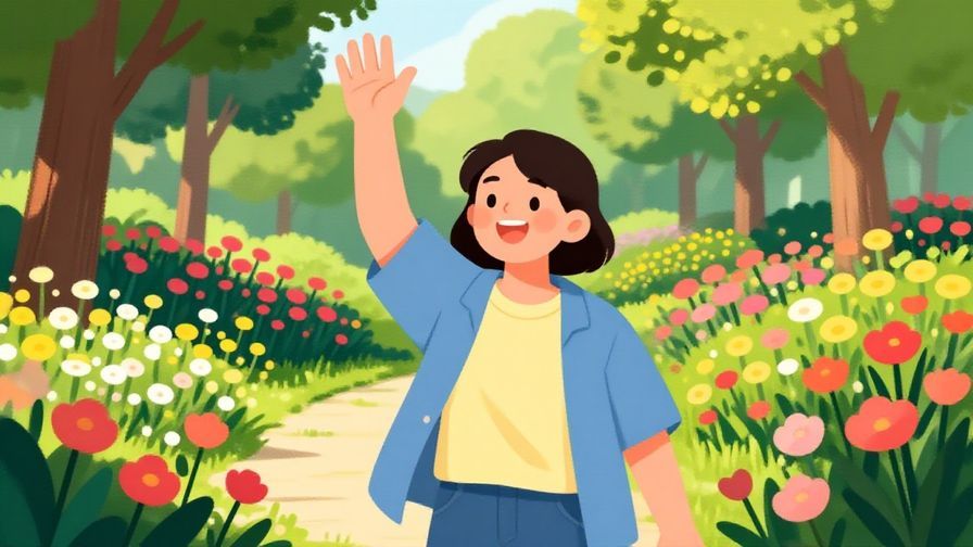 Illustration of a cheerful person waving hello in a sunny park, with soft afternoon light and blooming flowers, vibrant colors, illustrated style