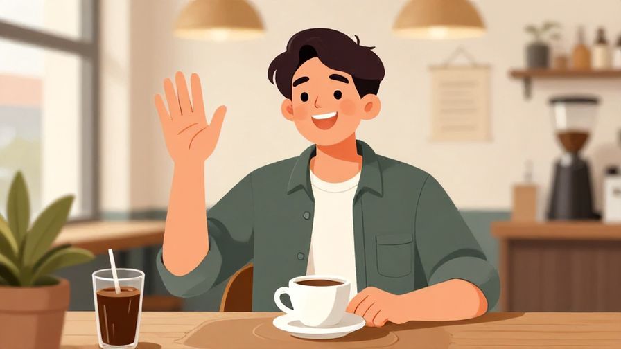 Illustration of a cheerful person waving with a casual smile in a coffee shop