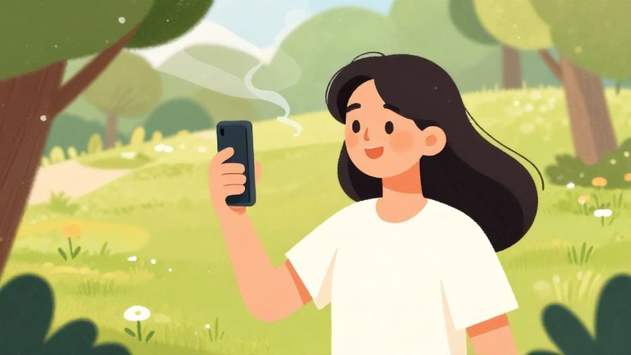 Illustration of a cheerful person waving with a phone in hand, soft afternoon park setting, light breeze visible