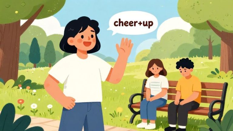 Illustration of a cheerful person with a bright smile waving their hand as if saying “cheer up” to a friend sitting sadly on a bench, surrounded by a vibrant park scene, sunny day, illustrated style