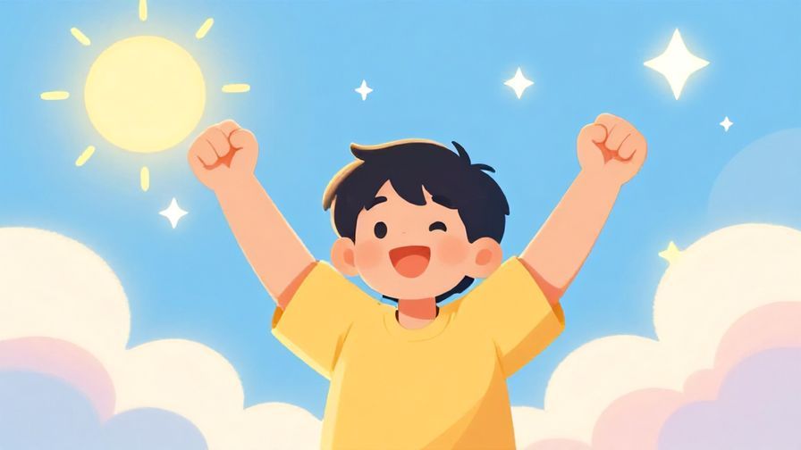 Illustration of a cheerful person with a radiant smile standing under a bright sun, surrounded by shining stars and soft pastel clouds, feeling triumphant and lucky