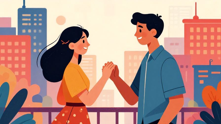 Illustration of a cheerful young couple planning a date, holding hands, cityscape background, vibrant colors, illustrated style
