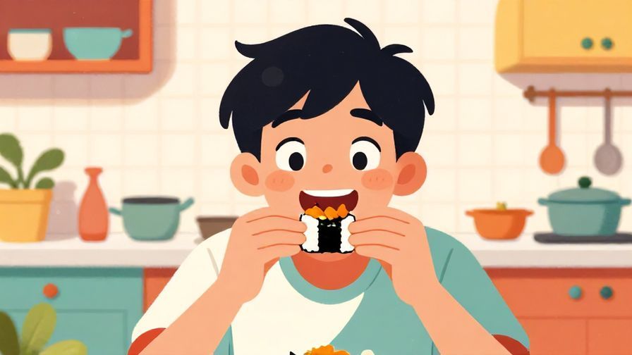 Illustration of a cheerful young person biting into sushi with eyes wide in delight, colorful kitchen background, bright and vibrant colors, illustrated style