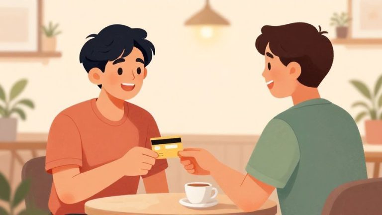 Illustration of a cheerful young person confidently handing a credit card to a cashier in a cozy cafe, with a warm background of soft pastel colors and friendly atmosphere