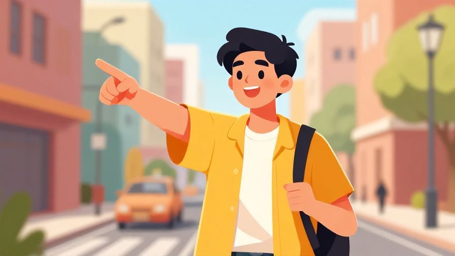 Illustration of a cheerful young person giving thumbs up while pointing straight ahead, casual city street background, vibrant colors