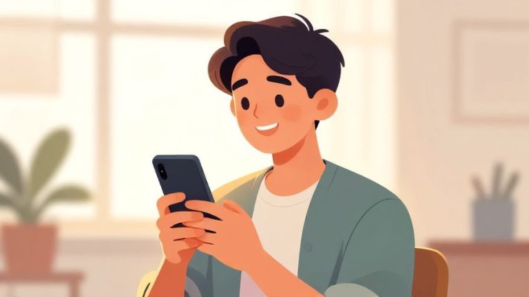 Illustration of a cheerful young person holding a phone and smiling, with a soft glow around them suggesting a future call, bright room background