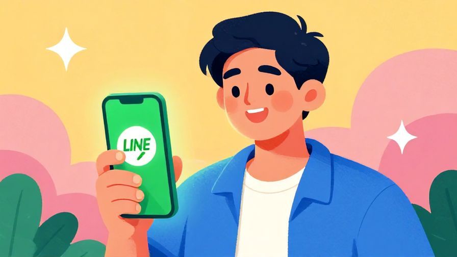 Illustration of a cheerful young person holding a smartphone with a LINE app icon glowing softly, vibrant colors, illustrated style