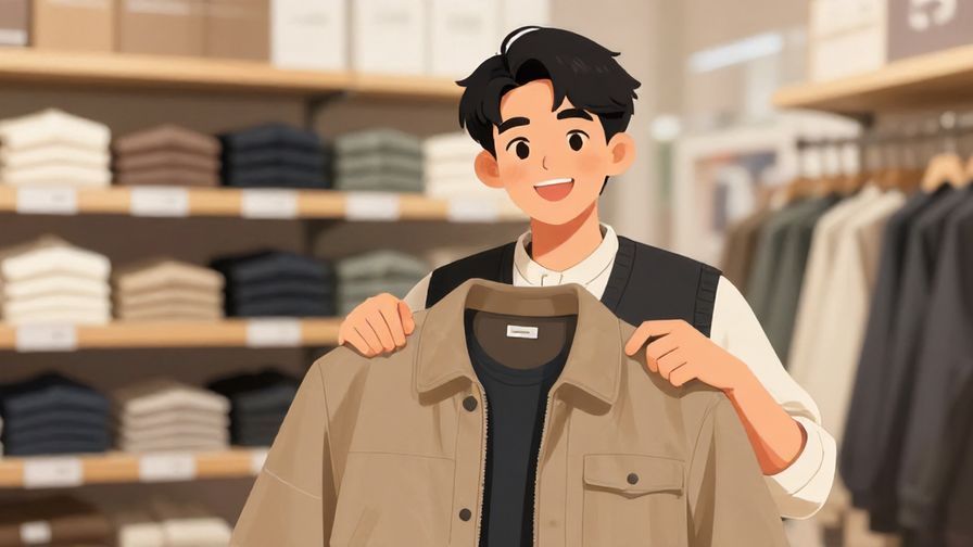 Illustration of a cheerful young person holding up a jacket, with a friendly expression, store shelves in the background