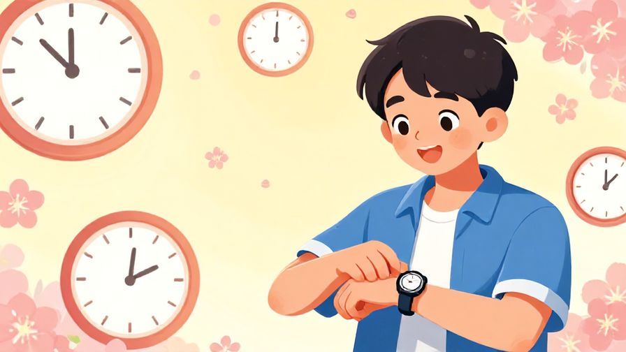 Illustration of a cheerful young person looking at a wristwatch, with a bright background of clocks and floating cherry blossoms, vibrant colors, illustrated style