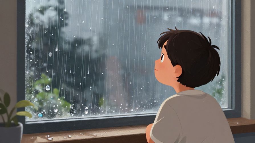 Illustration of a cheerful young person looking out a window at gentle rain falling, with raindrops visibly hitting the glass, soft indoor lighting, and a cozy atmosphere