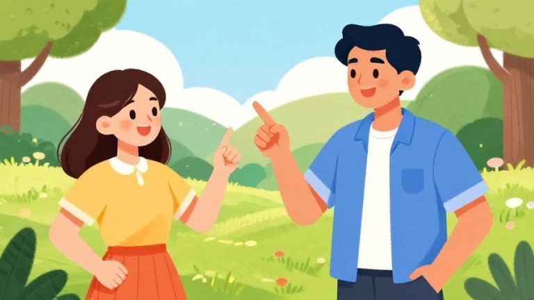 Illustration of a cheerful young person playfully pointing at another character with a confident smile, bright outdoor park background, vibrant colors, illustrated style