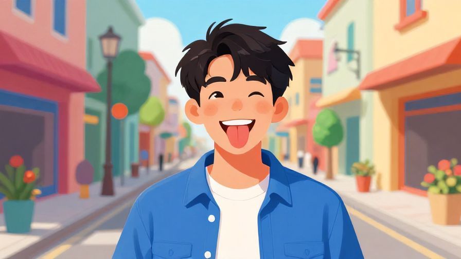 Illustration of a cheerful young person playfully sticking out tongue, colorful street setting